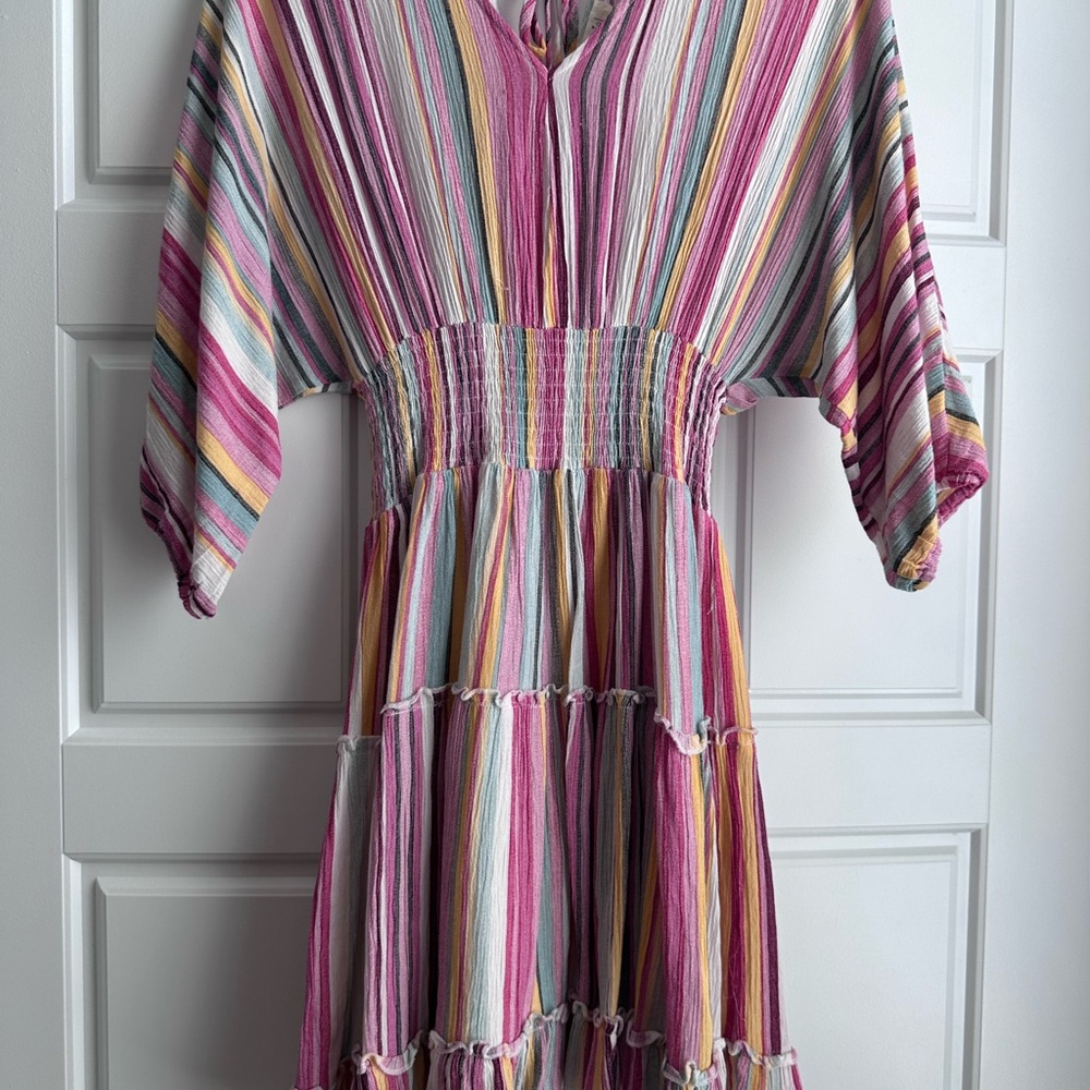 LA MIEL Striped Smocked Midi Dress - Pink Multi